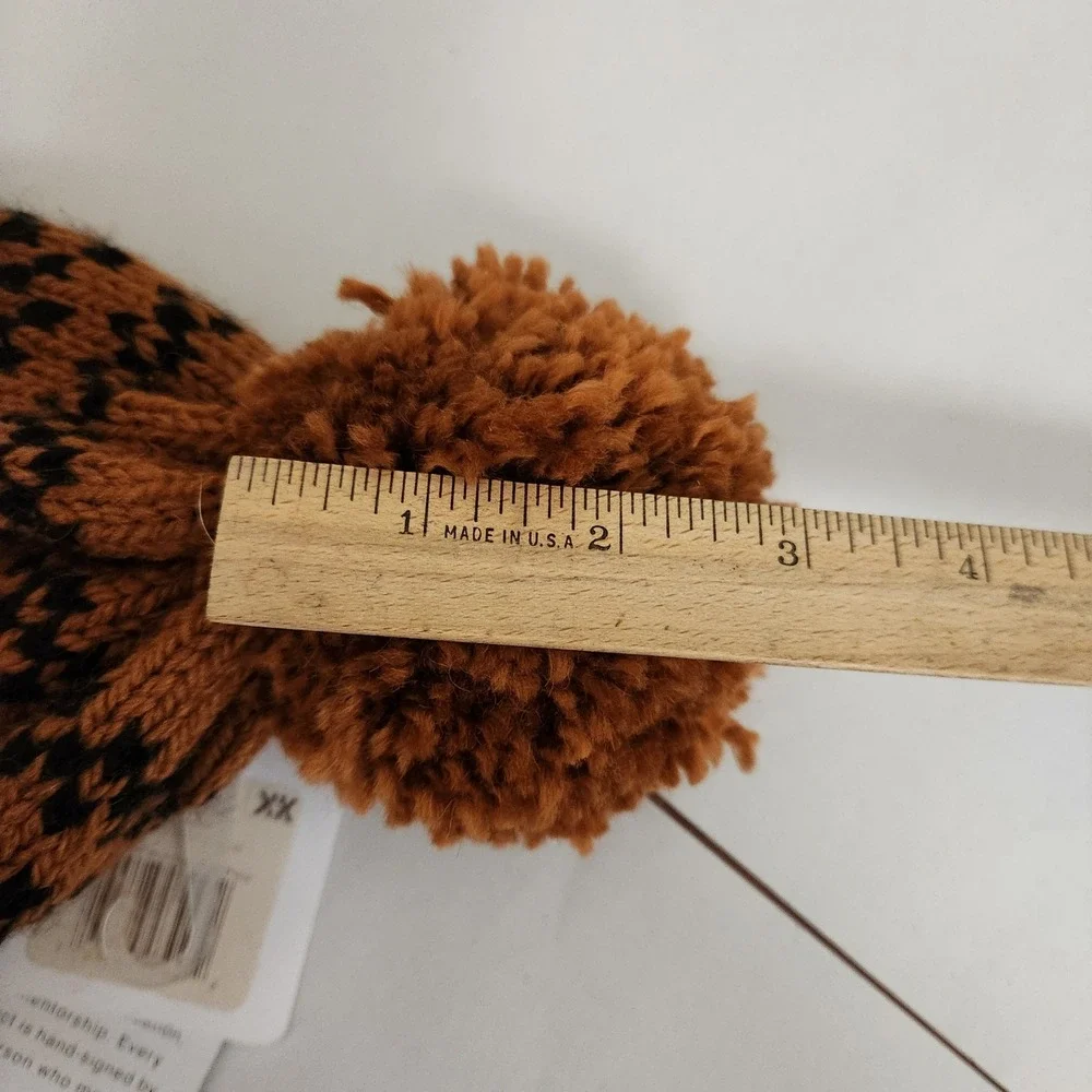 Krochet Kids Brown Black Fair Isle Crochet Knit Beanie Hat with Pom Pom & Tassel